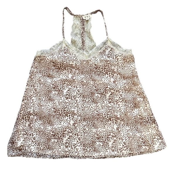 POL Tops - POL Leopard Print Lace Trim Blouse - Brown and Cream